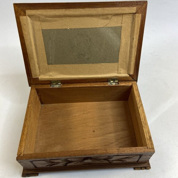 Carved Wood Hinged Trinket Jewelry Box Real Bird Feather Art Lid Vintage 5x7 - Picture 6 of 8